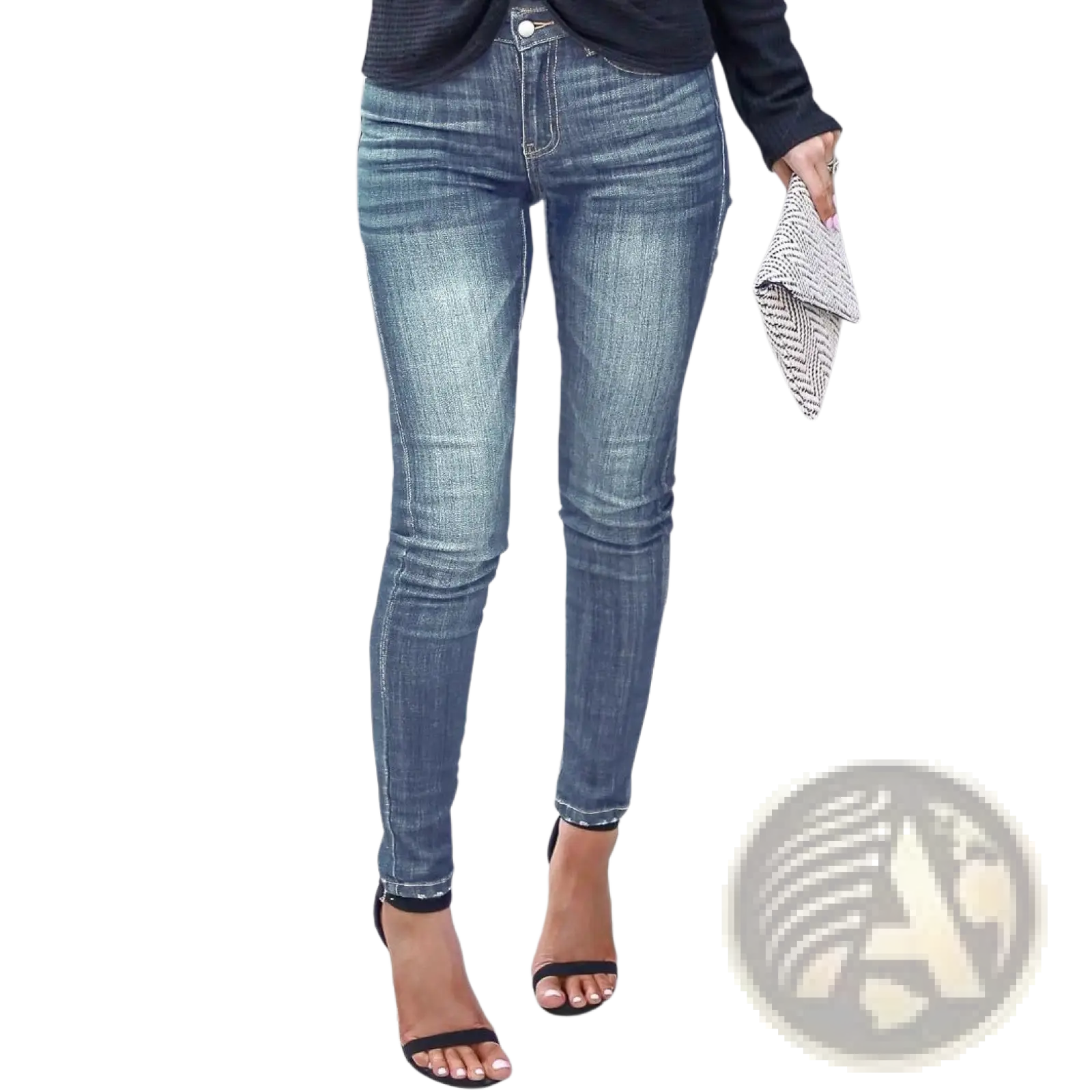 Women’s high-waisted stretch skinny jeans in blue denim with a classic five-pocket design and subtle fading