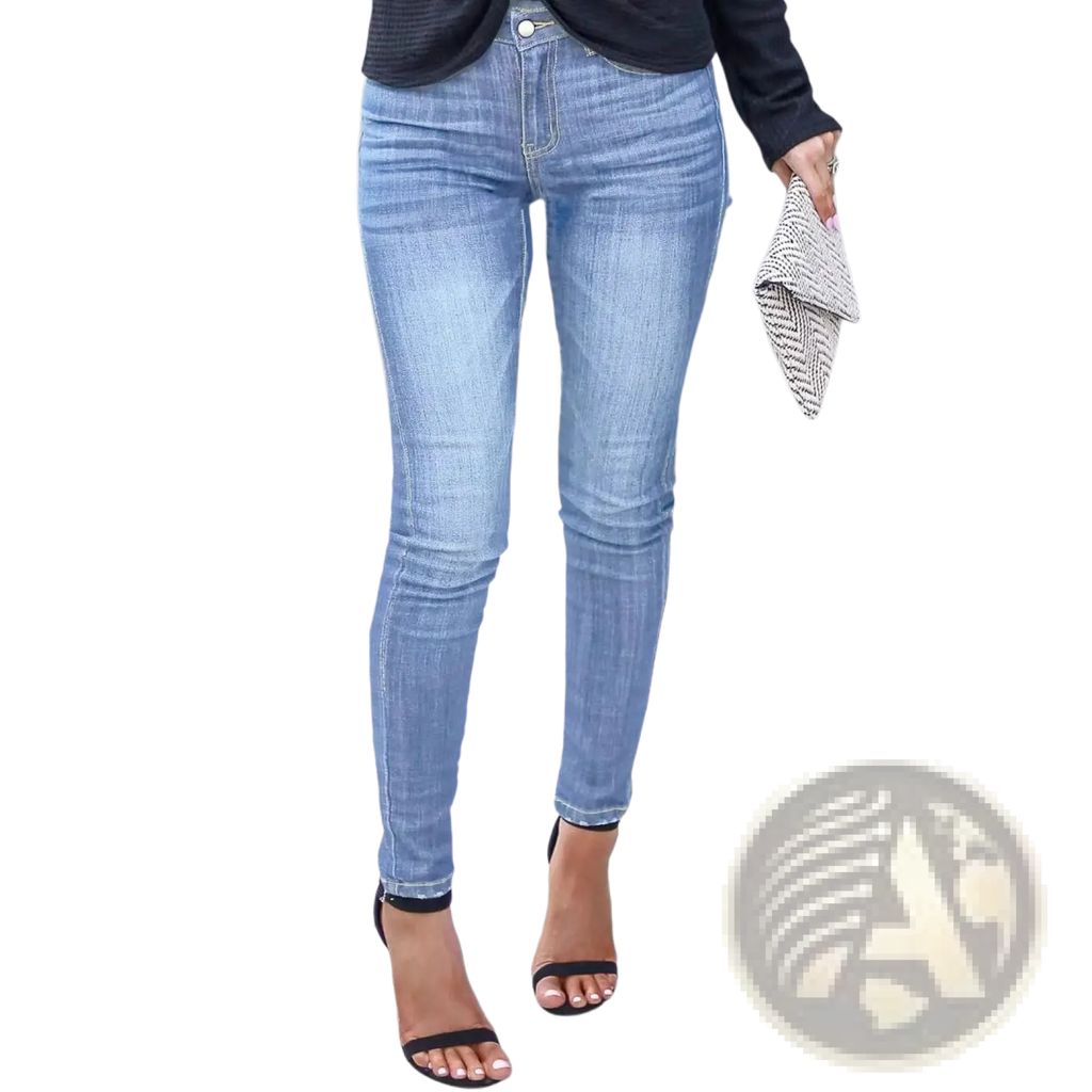 Women’s high-waisted stretch skinny jeans in light-wash denim with classic five-pocket design and black stitching
