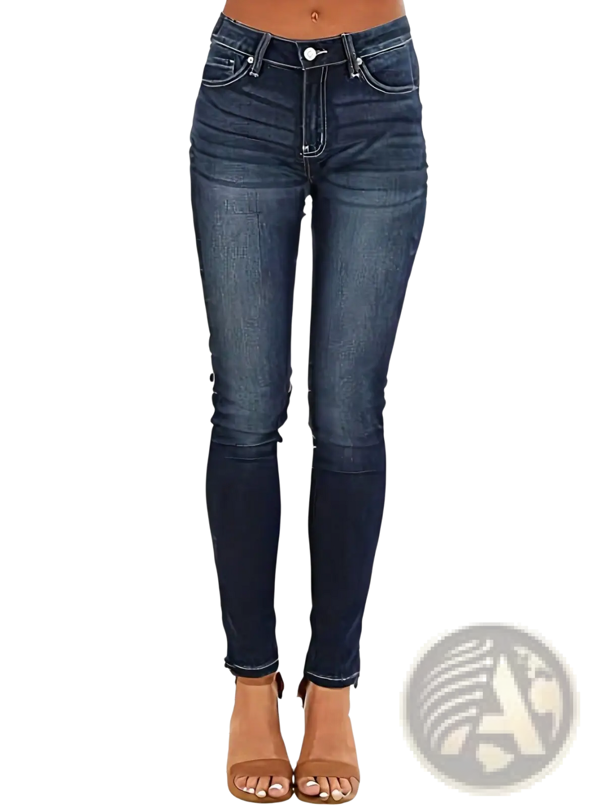 Women’s high-waisted stretch skinny jeans in dark wash denim with slim fit and classic stitching