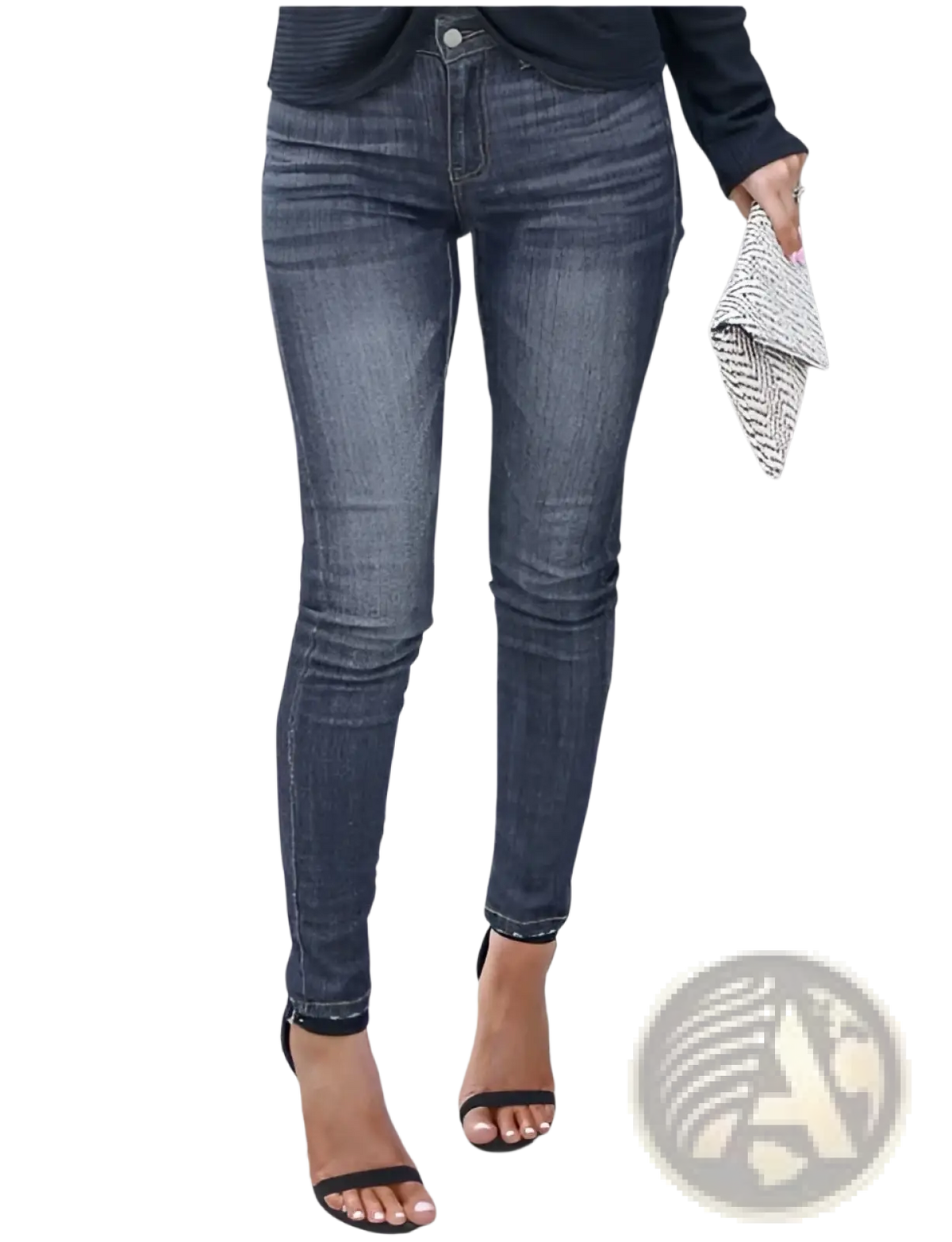 Women’s high-waisted dark-wash stretch skinny jeans with classic five-pocket design and subtle thigh fading