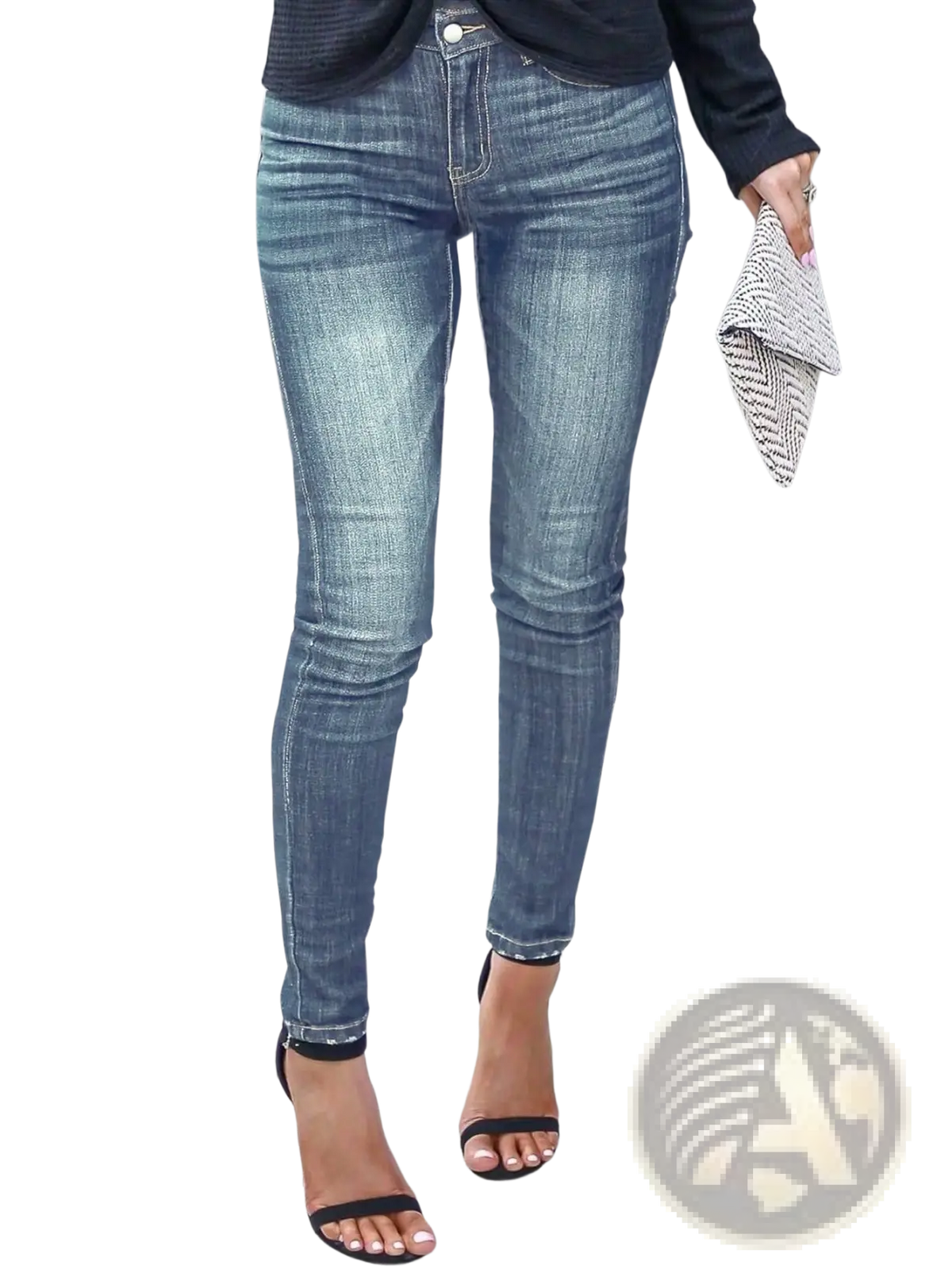 Women’s high-waisted stretch skinny jeans in blue denim with faded wash and classic five-pocket design