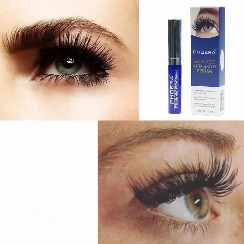 Phoera eyelash and brow serum in a sleek blue tube with black cap shown alongside packaging for volumizing and lengthening use