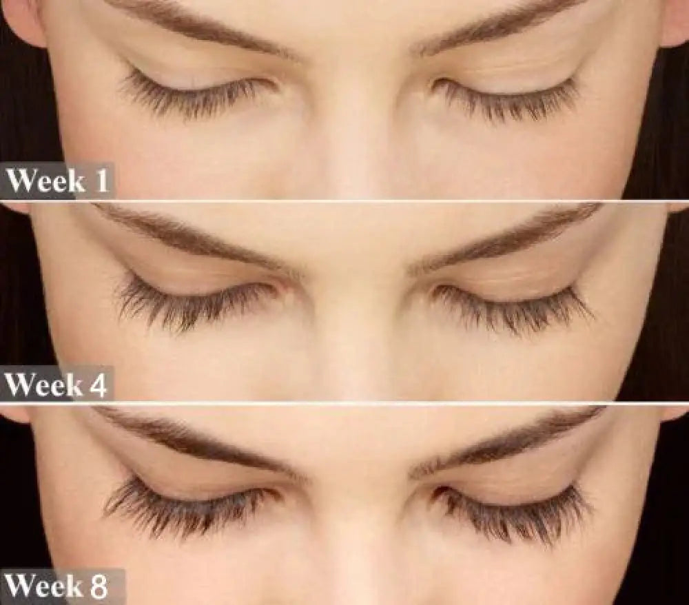 Close-up of eyes with long dark lashes and neatly shaped eyebrows enhanced by phoera volumizing lengthening smudge proof mascara