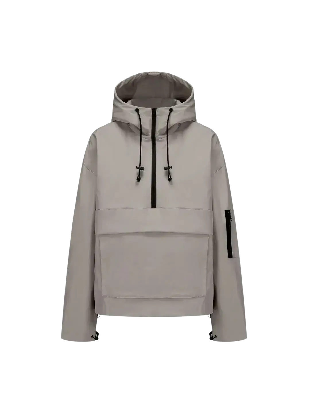 Beige women’s hooded casual anorak trench coat with black zipper accents and drawstring detailing for everyday wear