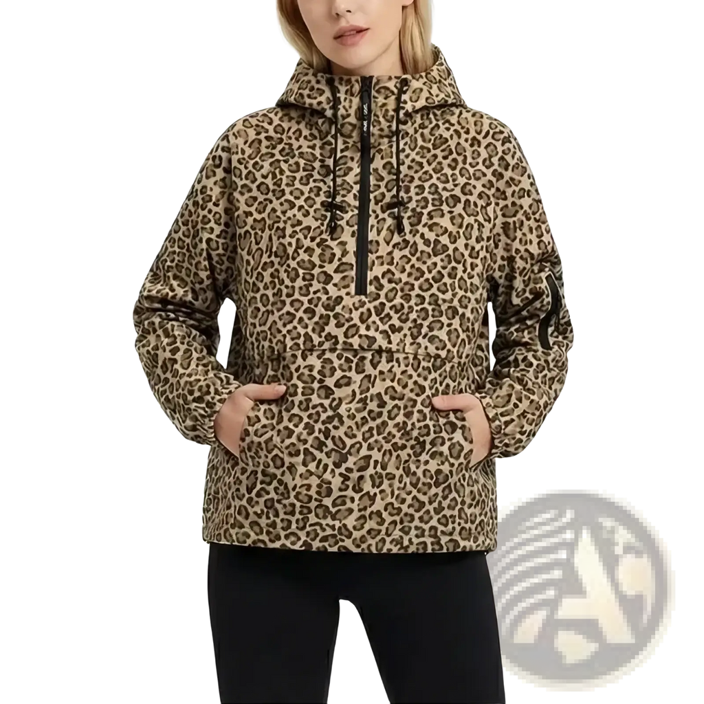 Women’s hooded casual anorak trench coat in beige and brown leopard print with black zipper and drawstrings