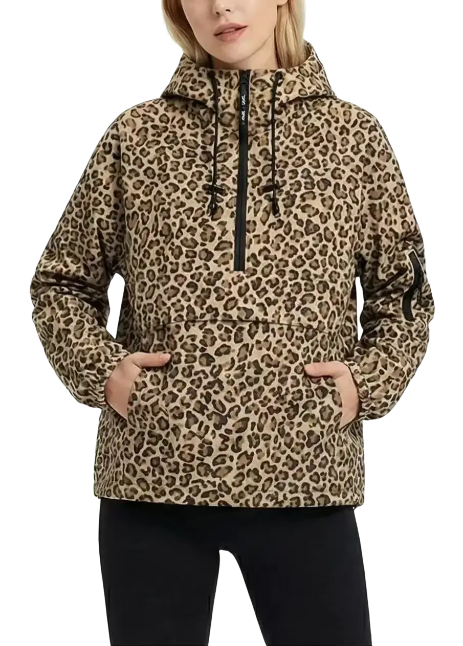 Women’s hooded casual anorak trench coat in beige and brown leopard print with black zipper and drawstrings
