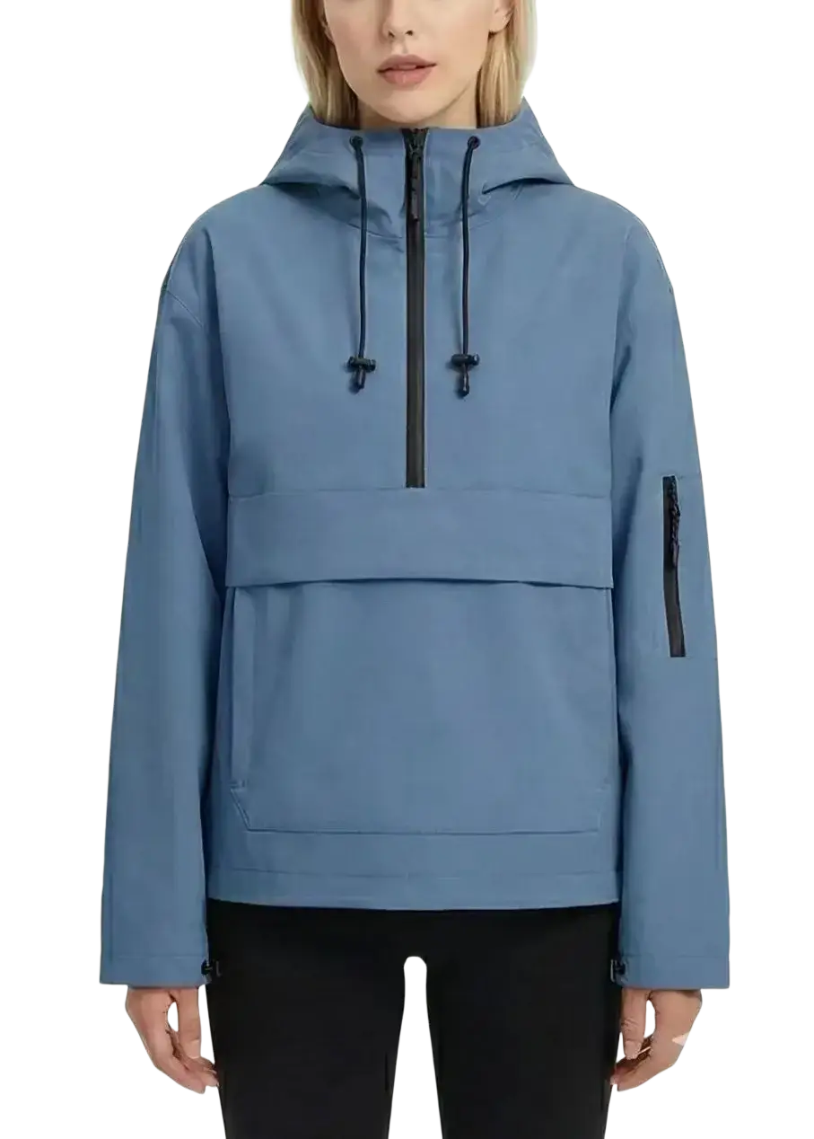 Women’s hooded casual anorak trench coat in blue with black zipper and drawstrings for everyday wear
