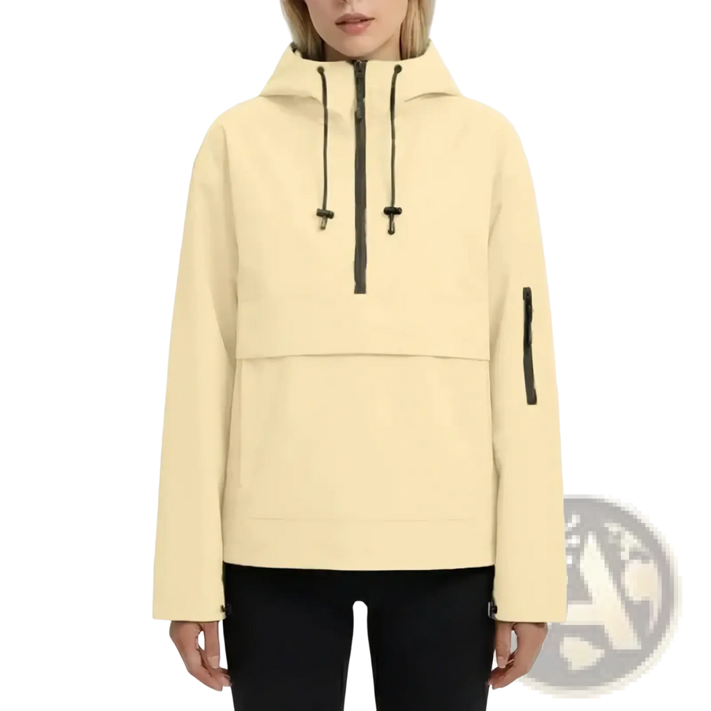 Cream-colored women’s hooded casual anorak trench coat with black zipper and drawstring details