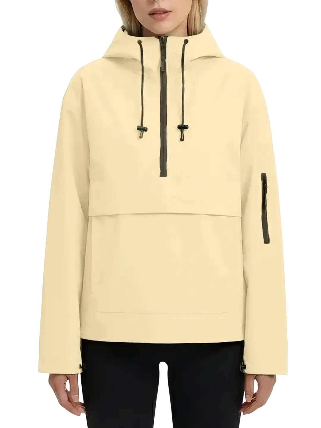 Women’s hooded casual anorak trench coat in cream lightweight fabric with black drawstrings and zipper accents
