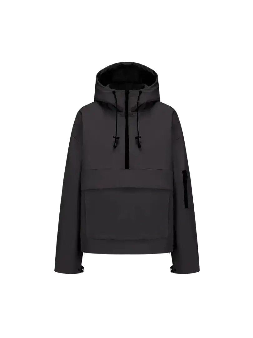 Women’s hooded casual anorak trench coat in dark gray with black drawstrings and a front pocket