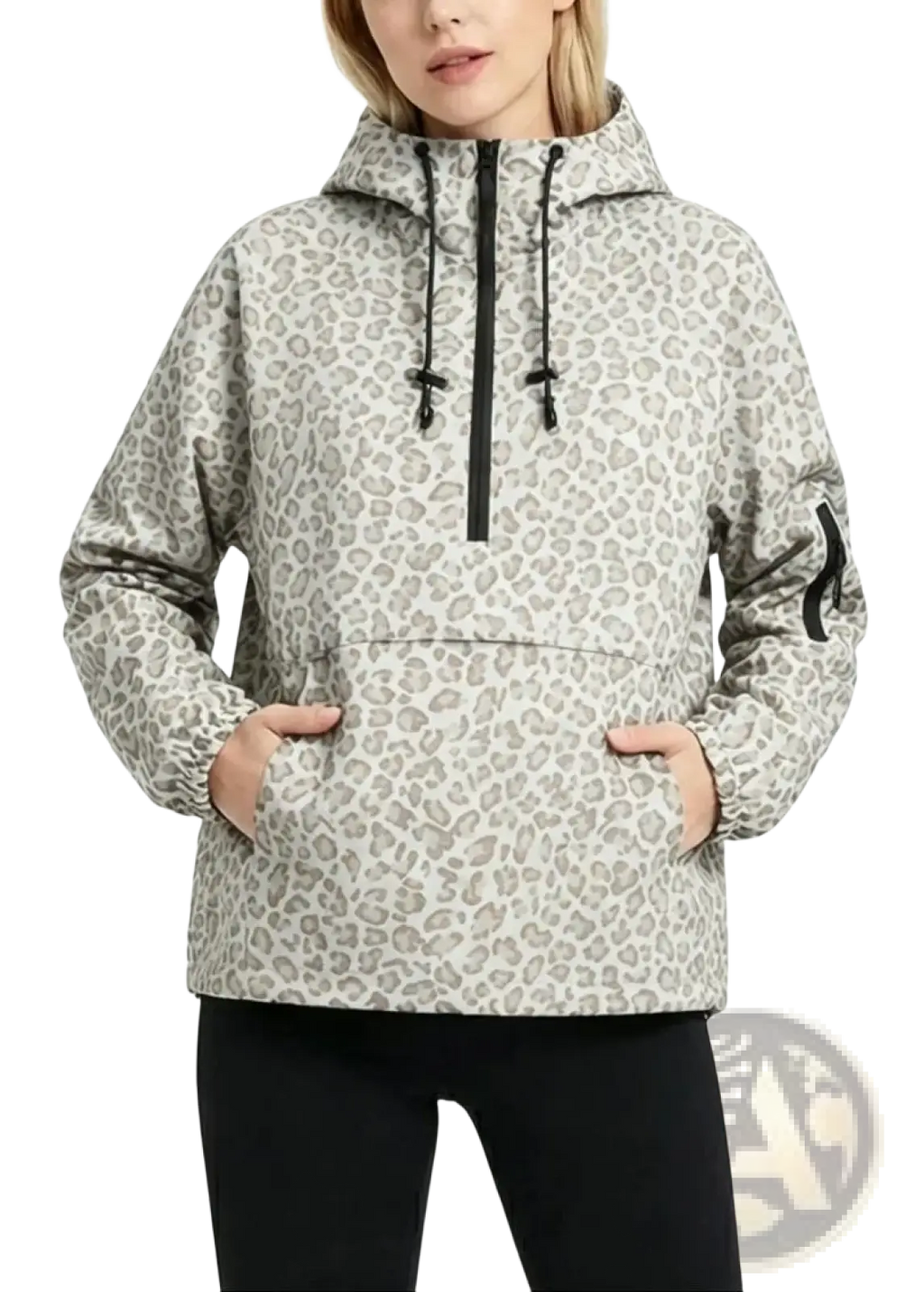 Women’s hooded casual anorak trench coat in light gray leopard print with black zipper and drawstrings