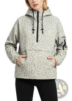 Women’s hooded casual anorak trench coat in light gray leopard print with black zipper and drawstrings