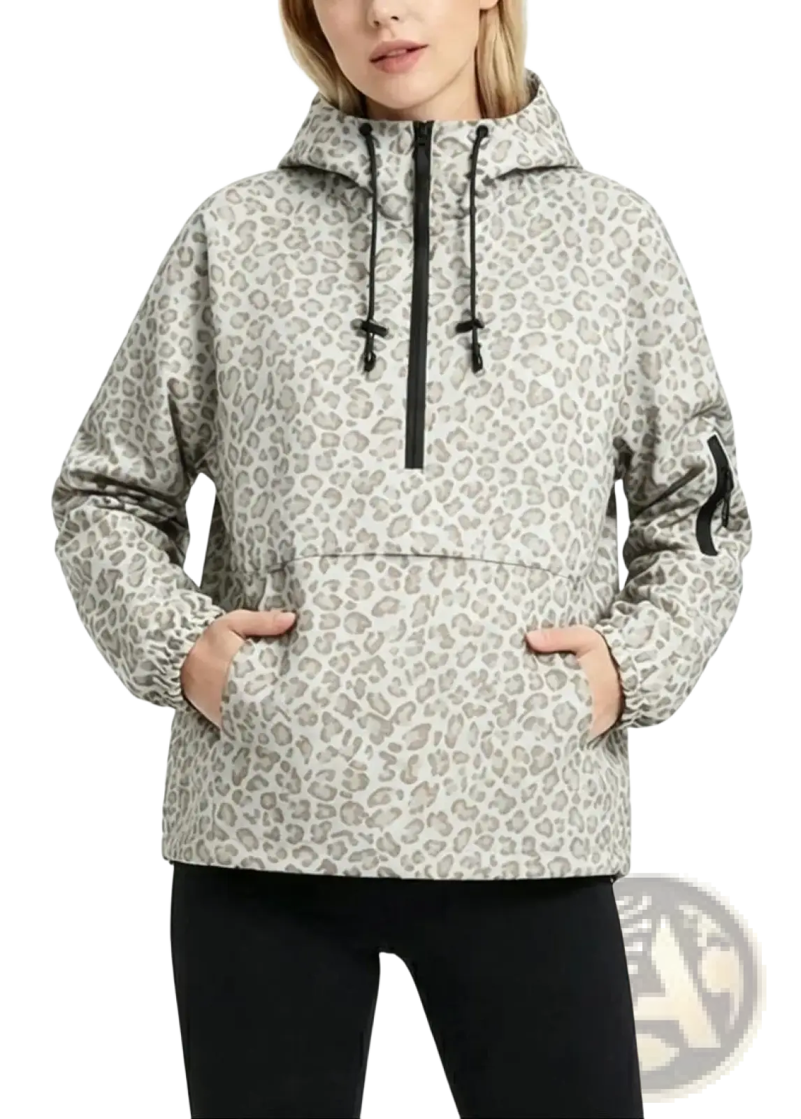 Women’s hooded casual anorak trench coat in light gray leopard print with black zipper and drawstrings
