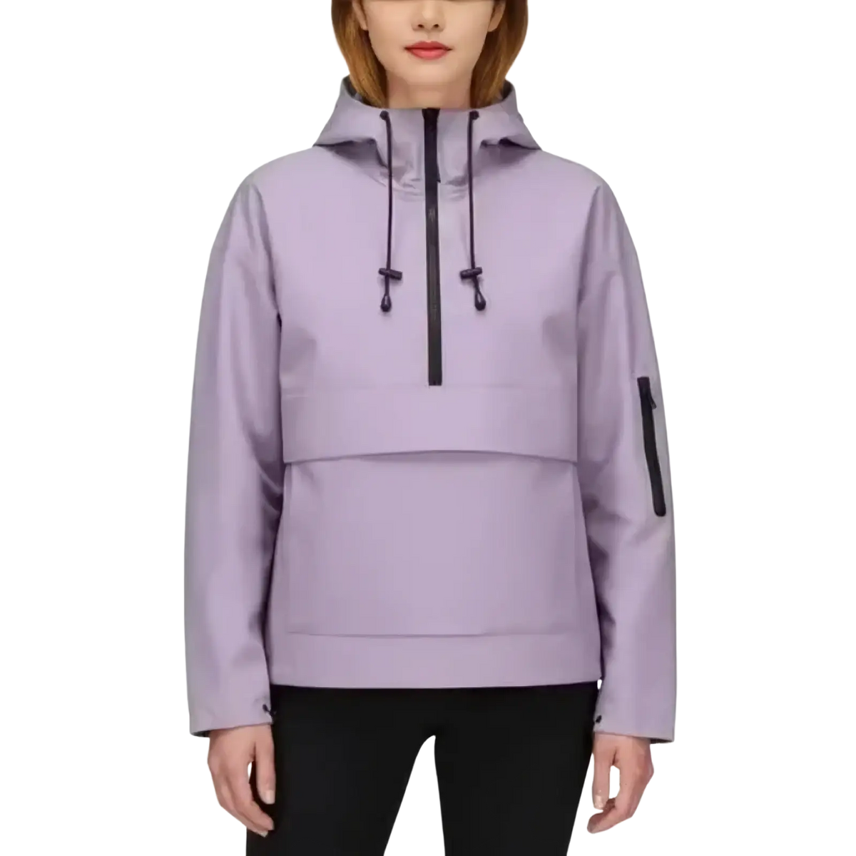 Women’s hooded casual anorak trench coat in lavender with black zipper and drawstrings for everyday wear