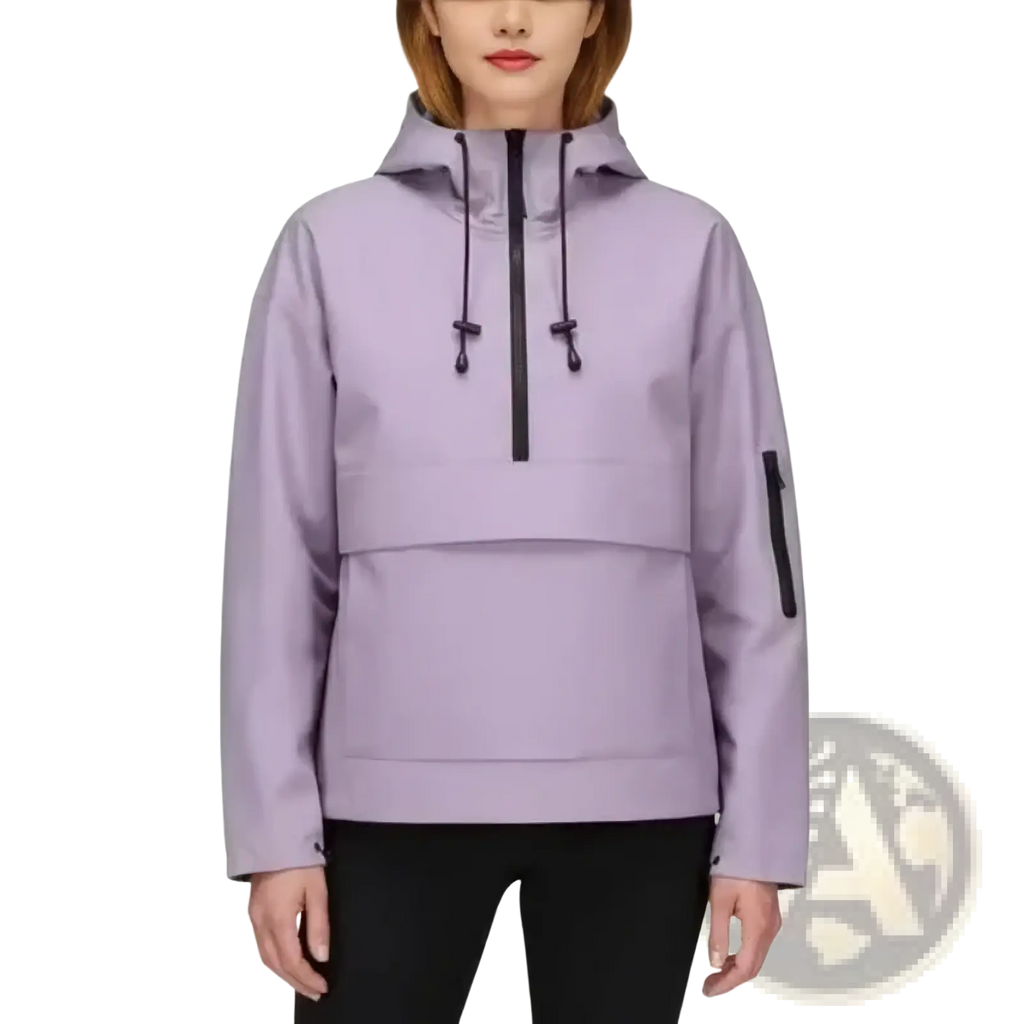 Women’s hooded casual anorak trench coat in lavender with black zipper and drawstrings for everyday wear