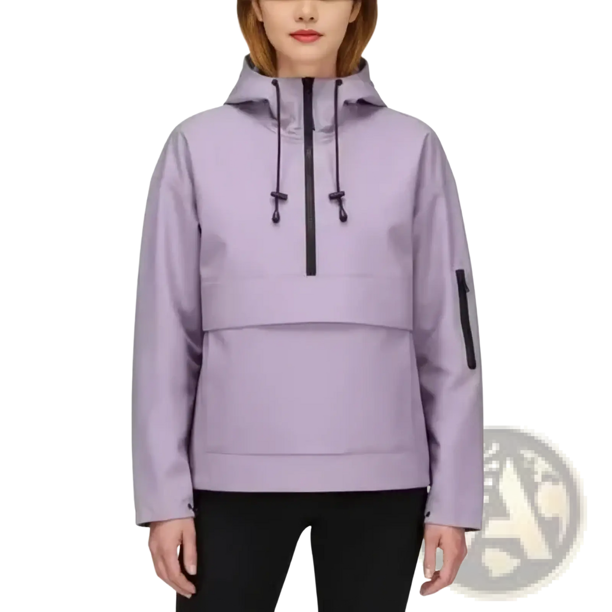 Women’s hooded casual anorak trench coat in lavender with black zipper and drawstrings for everyday wear