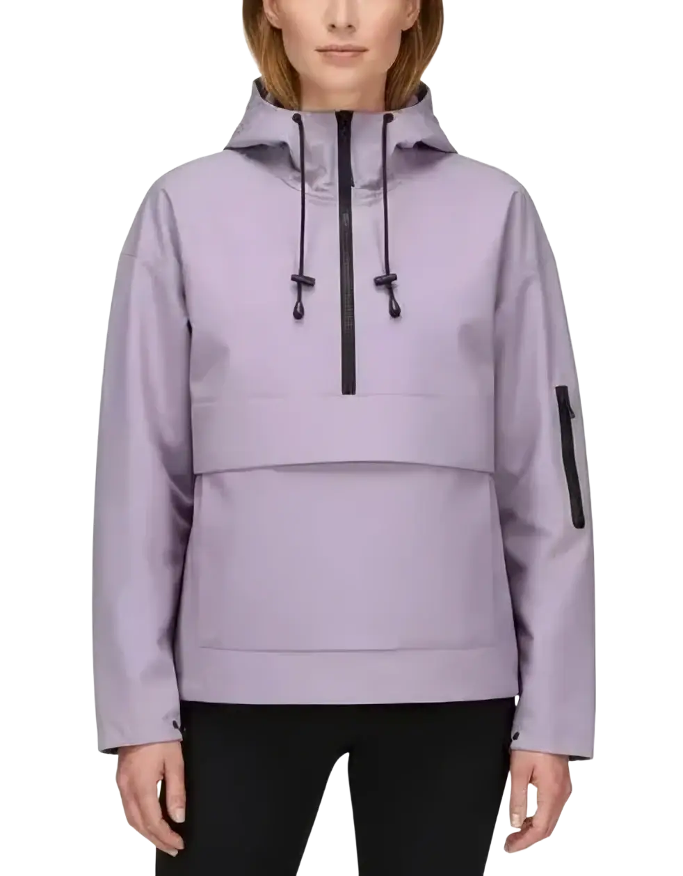 Lavender-colored women’s hooded casual anorak trench coat with water-resistant fabric and black zipper accents