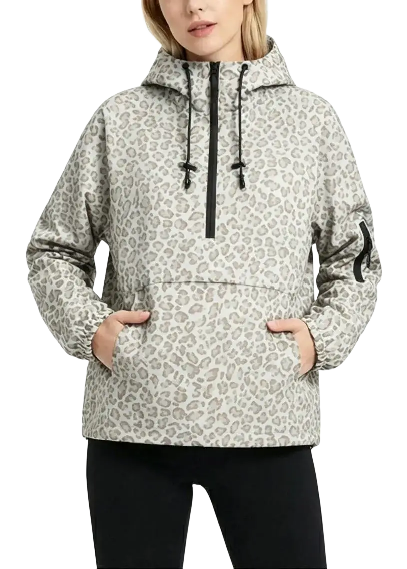 Women’s hooded casual anorak trench coat in light gray leopard print with black zipper and drawstrings