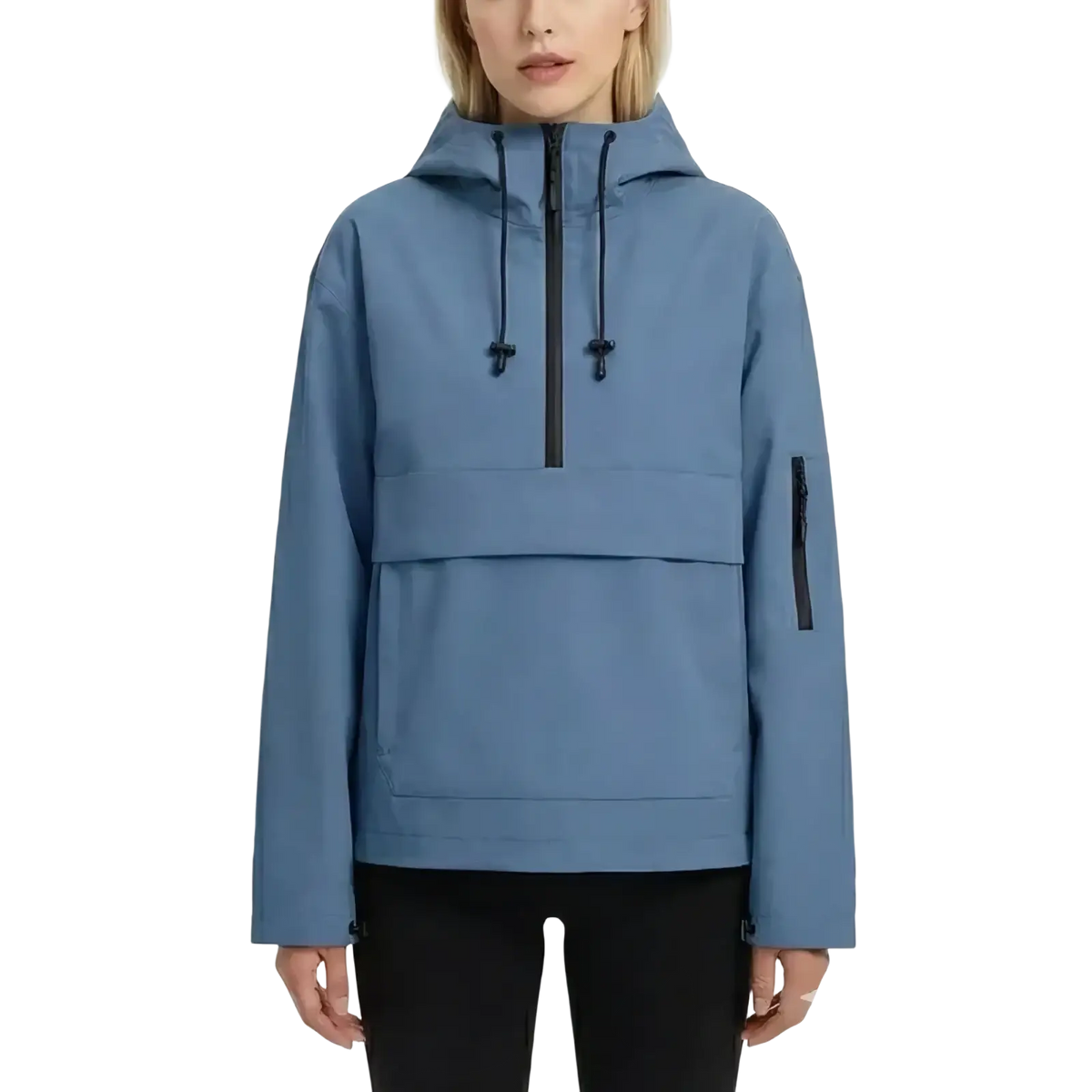 Women’s hooded casual anorak trench coat in sleek light blue with black zipper accents and functional hood design