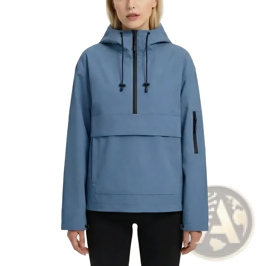 Women’s hooded casual anorak trench coat in sleek light blue with black zipper accents and functional hood design