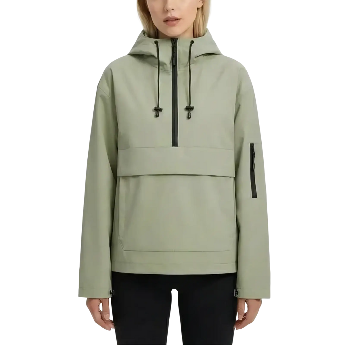 Women’s hooded casual anorak trench coat in sleek olive green with black zipper accents and hood detail