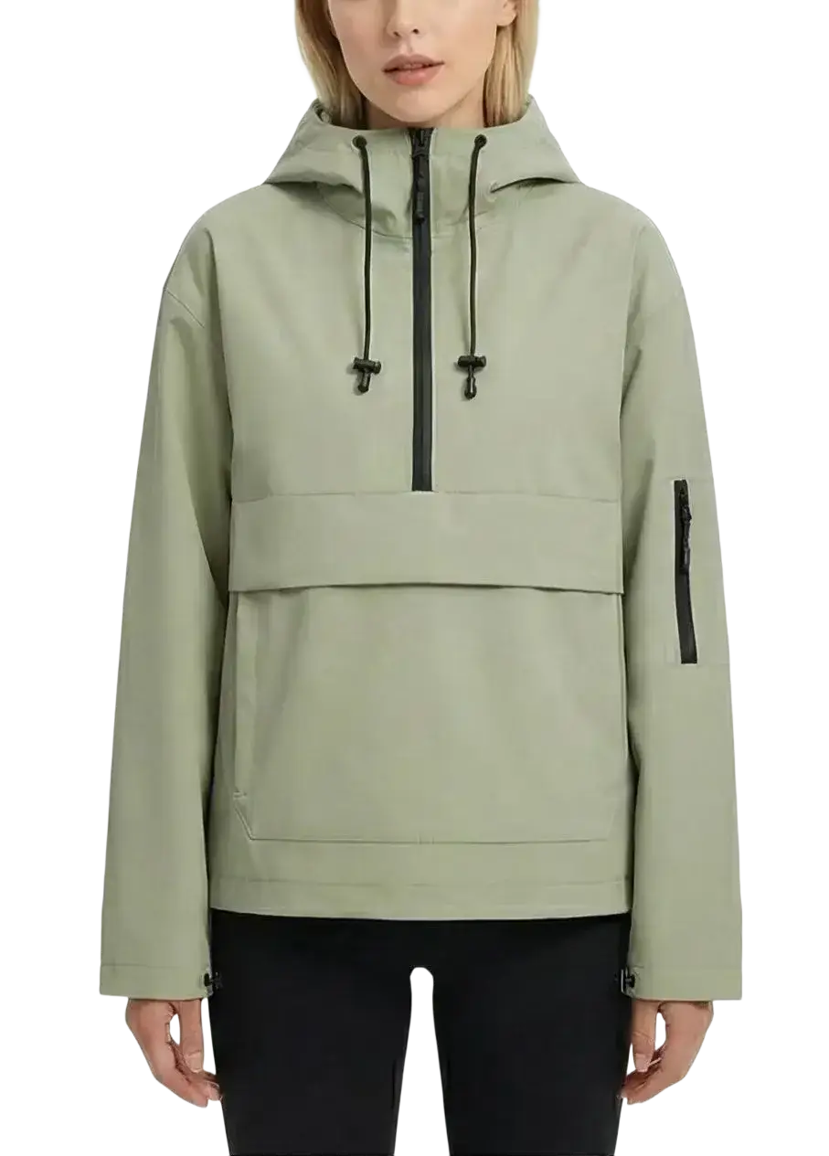 Women’s hooded casual anorak trench coat in sleek olive green with black zipper, drawstrings, front pocket, and zippered sleeve