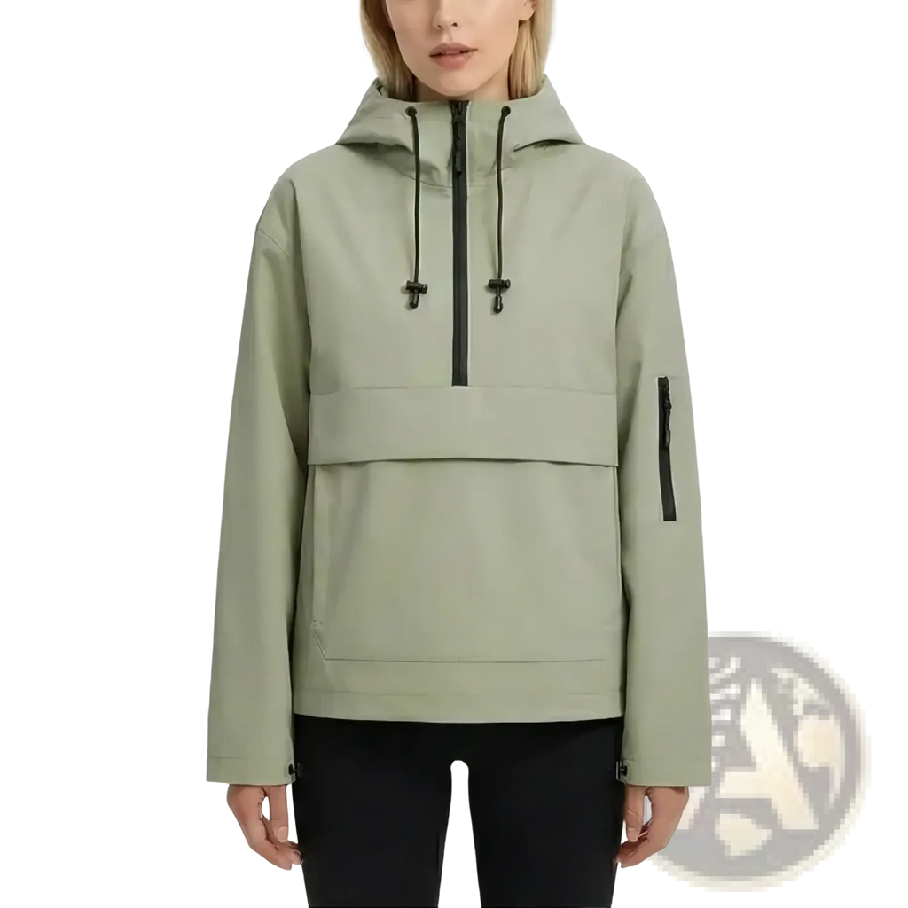 Women’s hooded casual anorak trench coat in sleek olive green with black zipper accents and hood detail