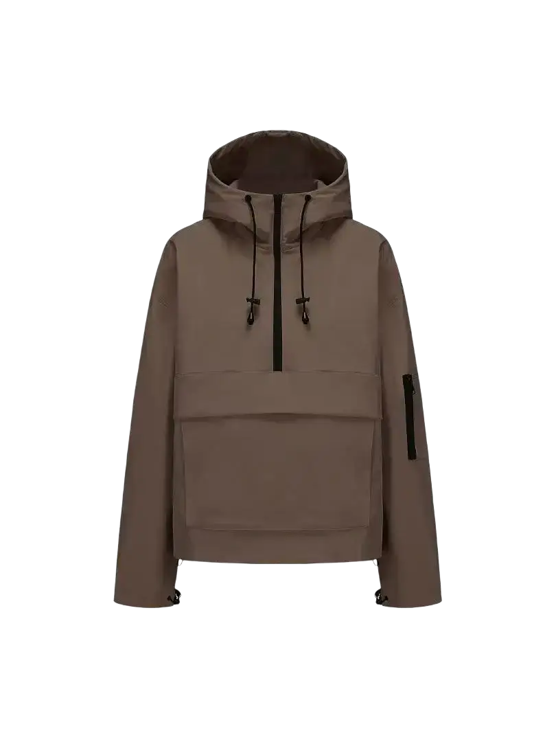 Women’s hooded casual anorak trench coat in taupe with minimalist design and black zipper accents