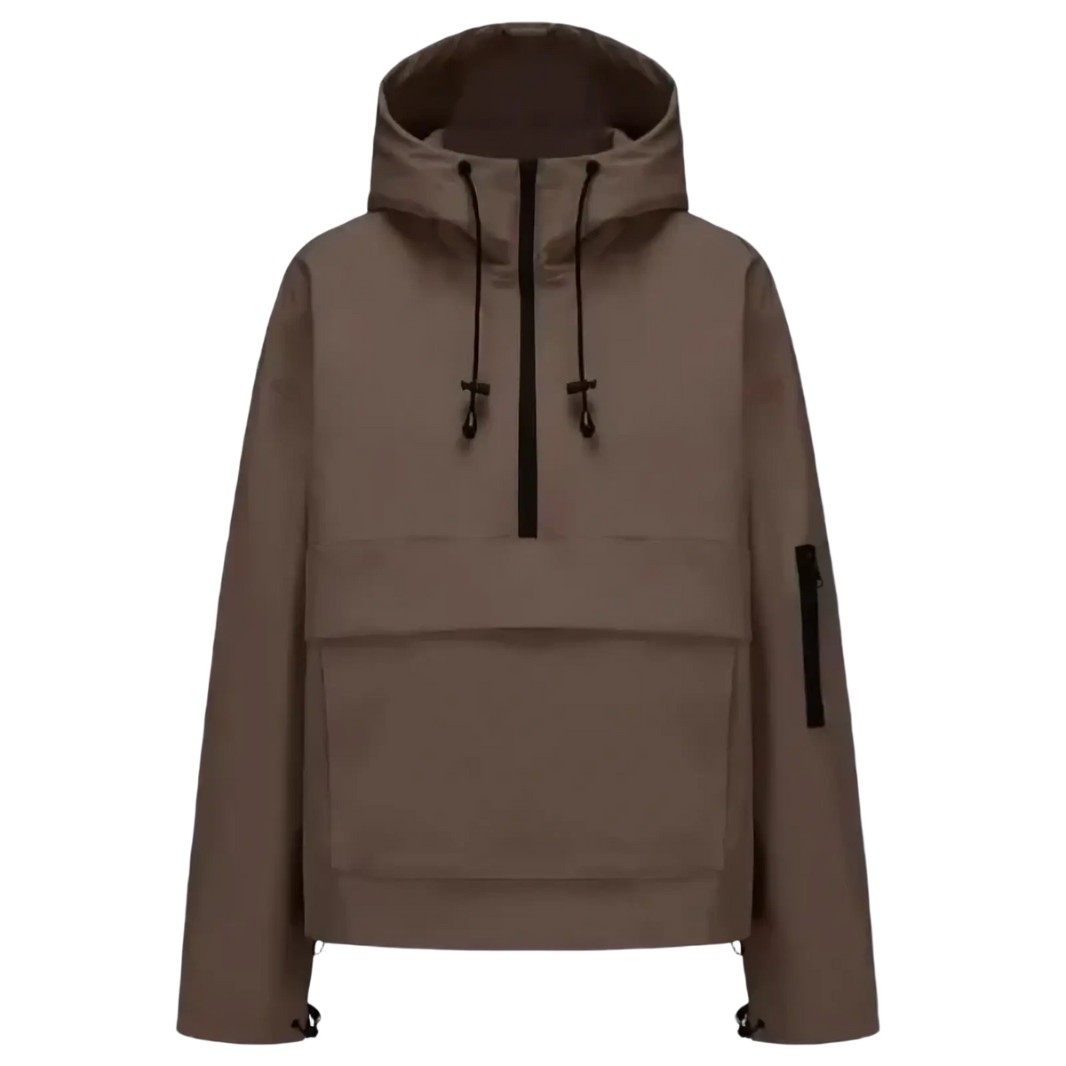 Women’s hooded casual anorak trench coat in taupe with half-zip front and black drawstring hood