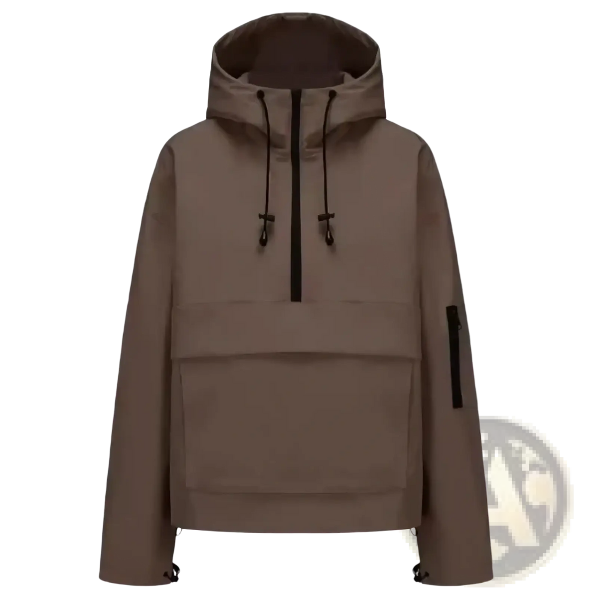 Women’s hooded casual anorak trench coat in taupe with half-zip front and black drawstring hood