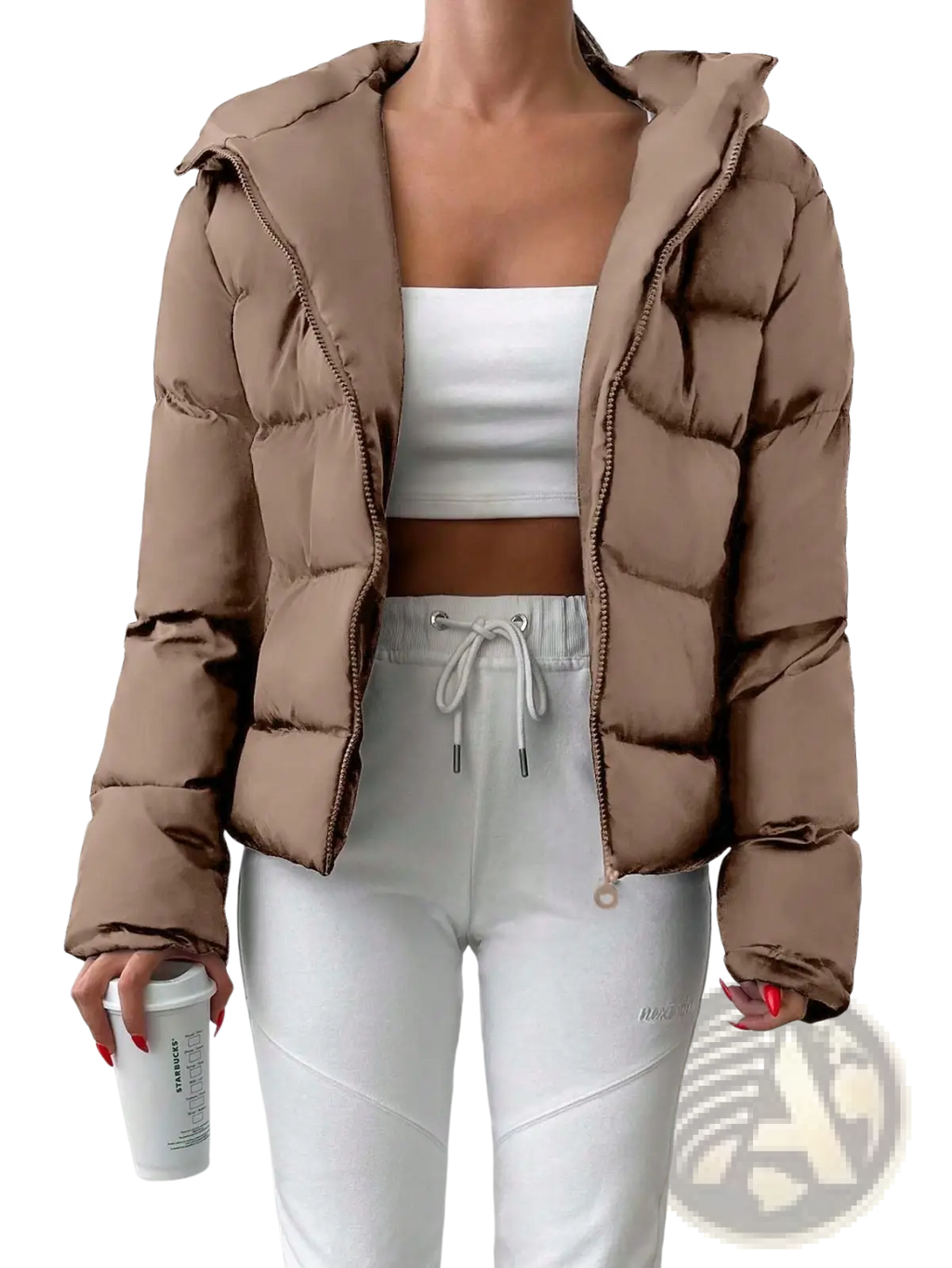 Women’s hooded puffer jacket in camel color with quilted design and zipper closure for cozy warmth