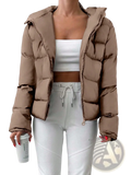 Women’s hooded puffer jacket in camel color with quilted design and zipper closure for cozy warmth