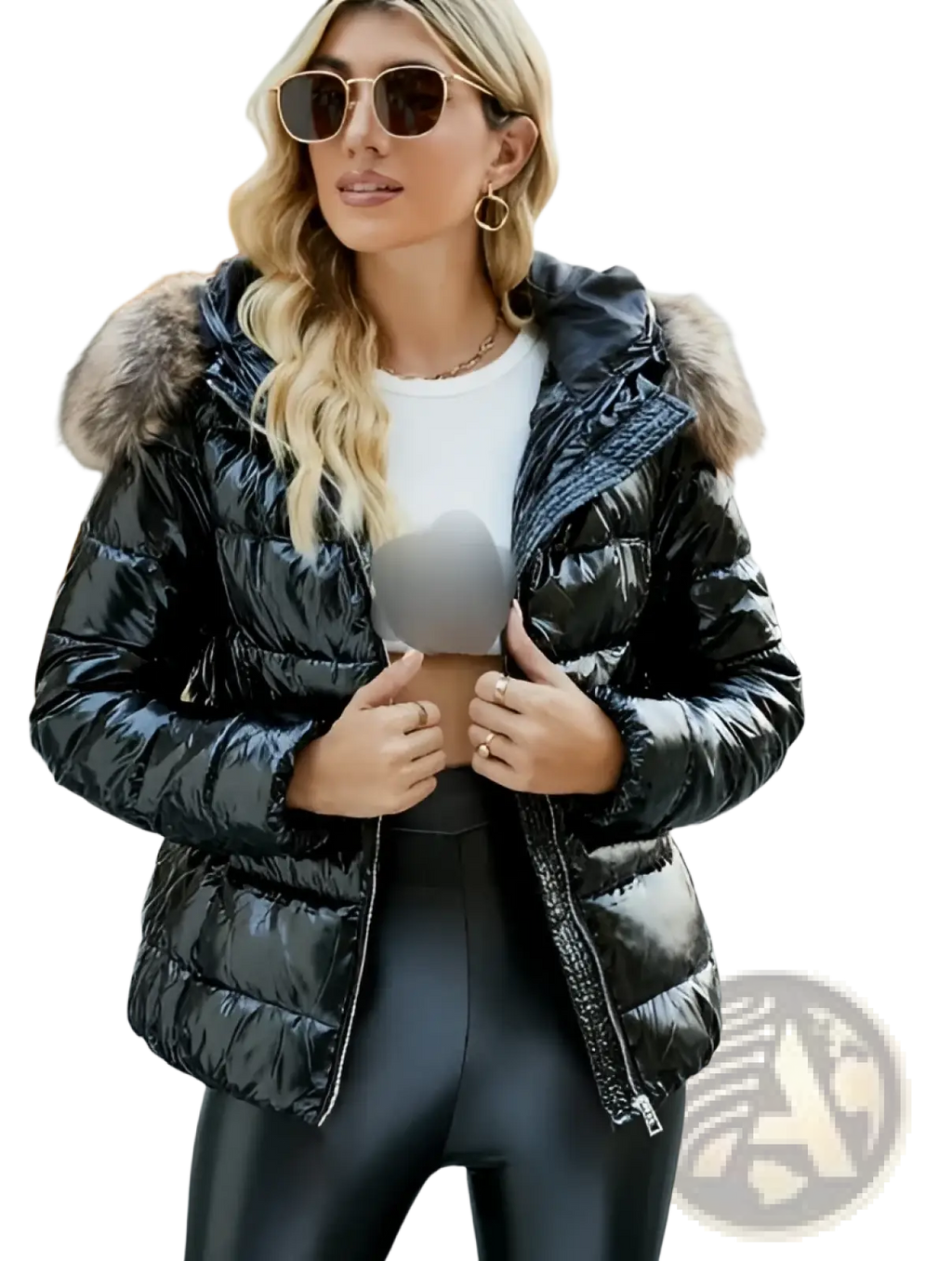 Black women’s hooded puffer jacket with shiny quilted exterior and fur-lined hood for cold weather