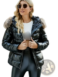 Black women’s hooded puffer jacket with shiny quilted exterior and fur-lined hood for cold weather