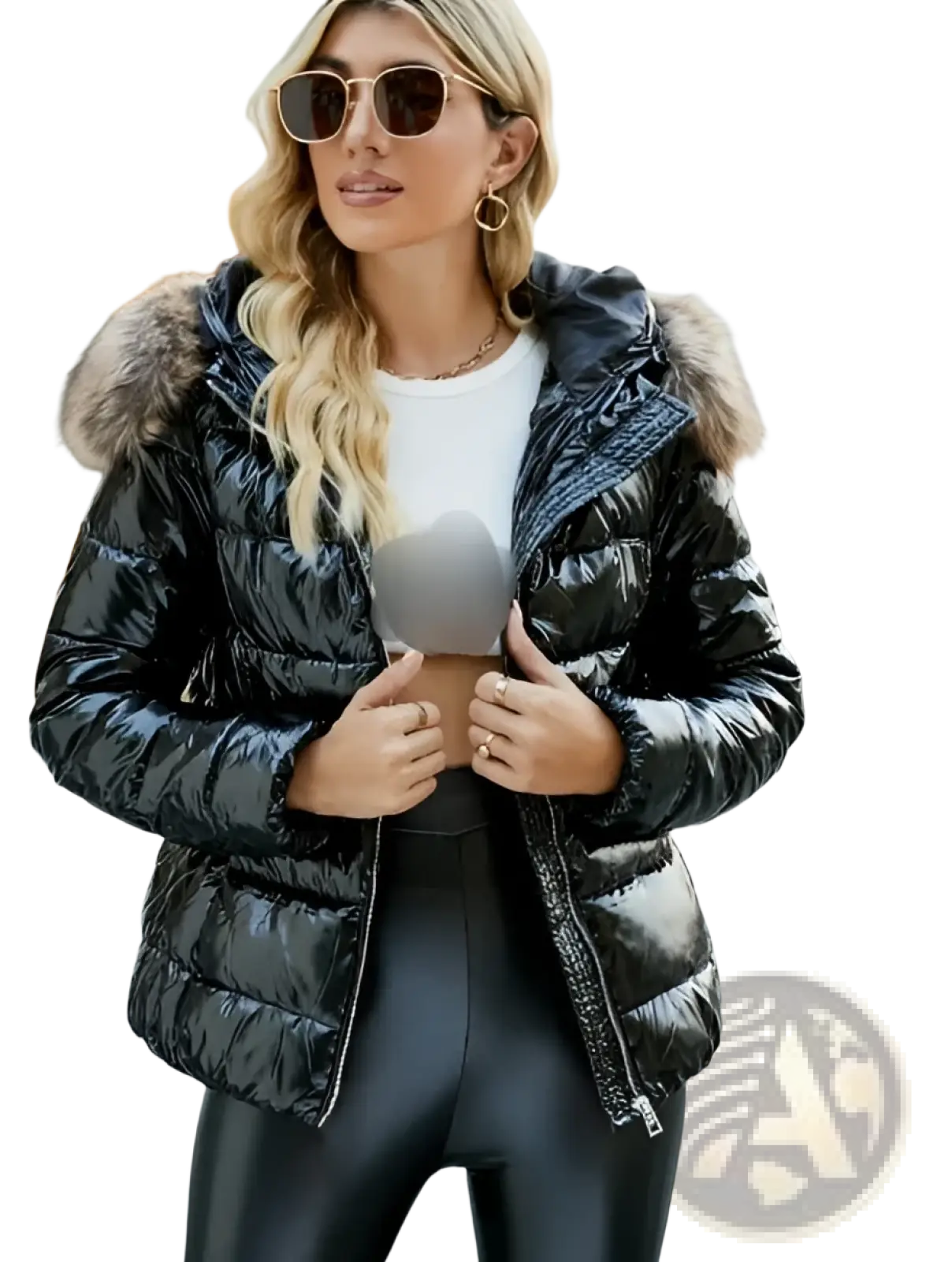 Black women’s hooded puffer jacket with shiny quilted exterior and fur-lined hood for cold weather