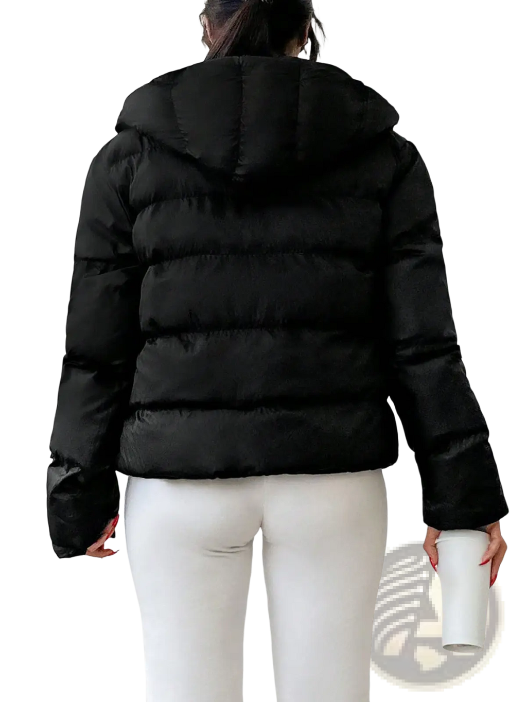 Black women’s hooded puffer jacket with horizontal stitching designed for warmth and casual wear