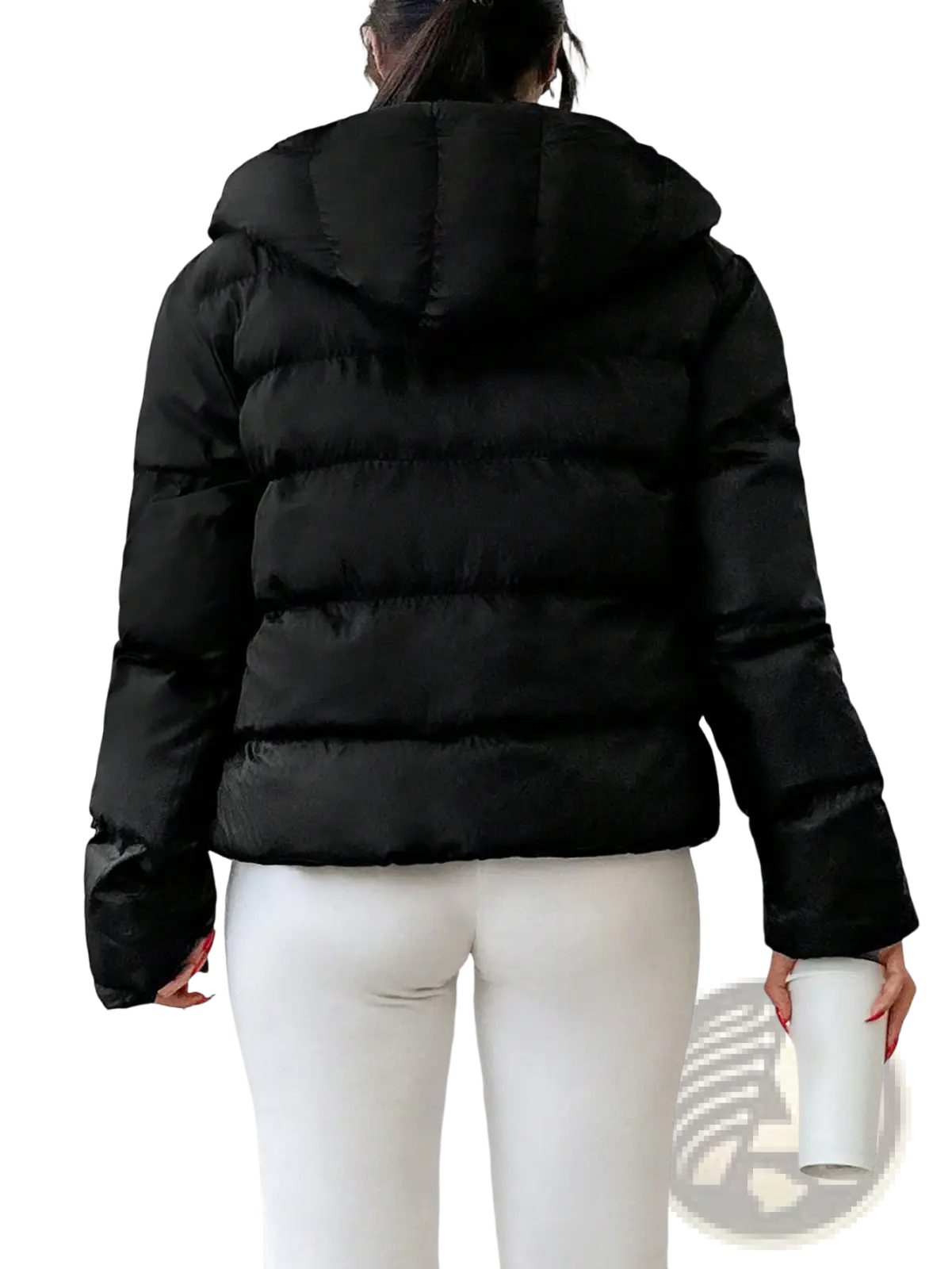 Black women’s hooded puffer jacket with horizontal stitching designed for warmth and casual wear