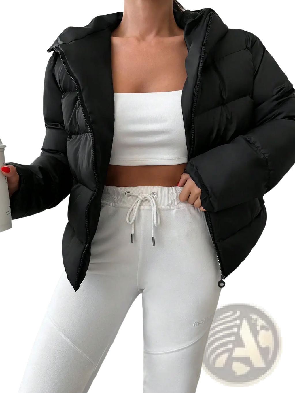 Women’s black hooded puffer jacket with quilted design for warmth and style in cold weather