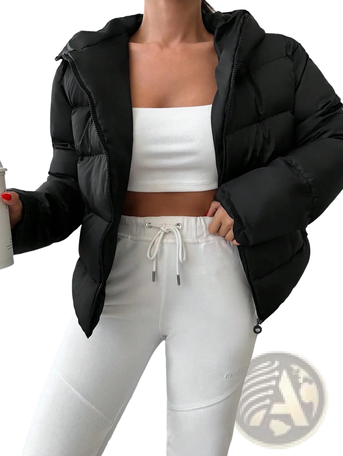 Women’s black hooded puffer jacket with quilted design for warmth and style in cold weather