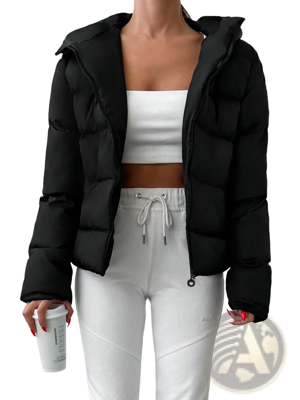 Black women’s hooded puffer jacket with quilted design and insulated material for cold weather use