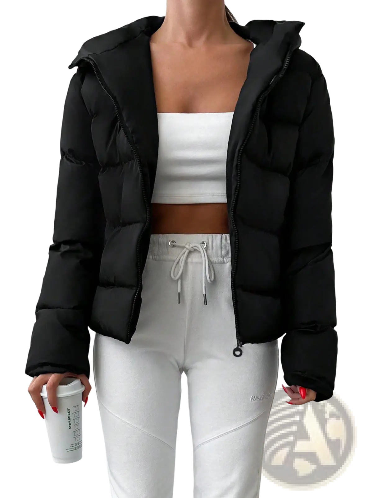 Black women’s hooded puffer jacket with quilted design and insulated material for cold weather use
