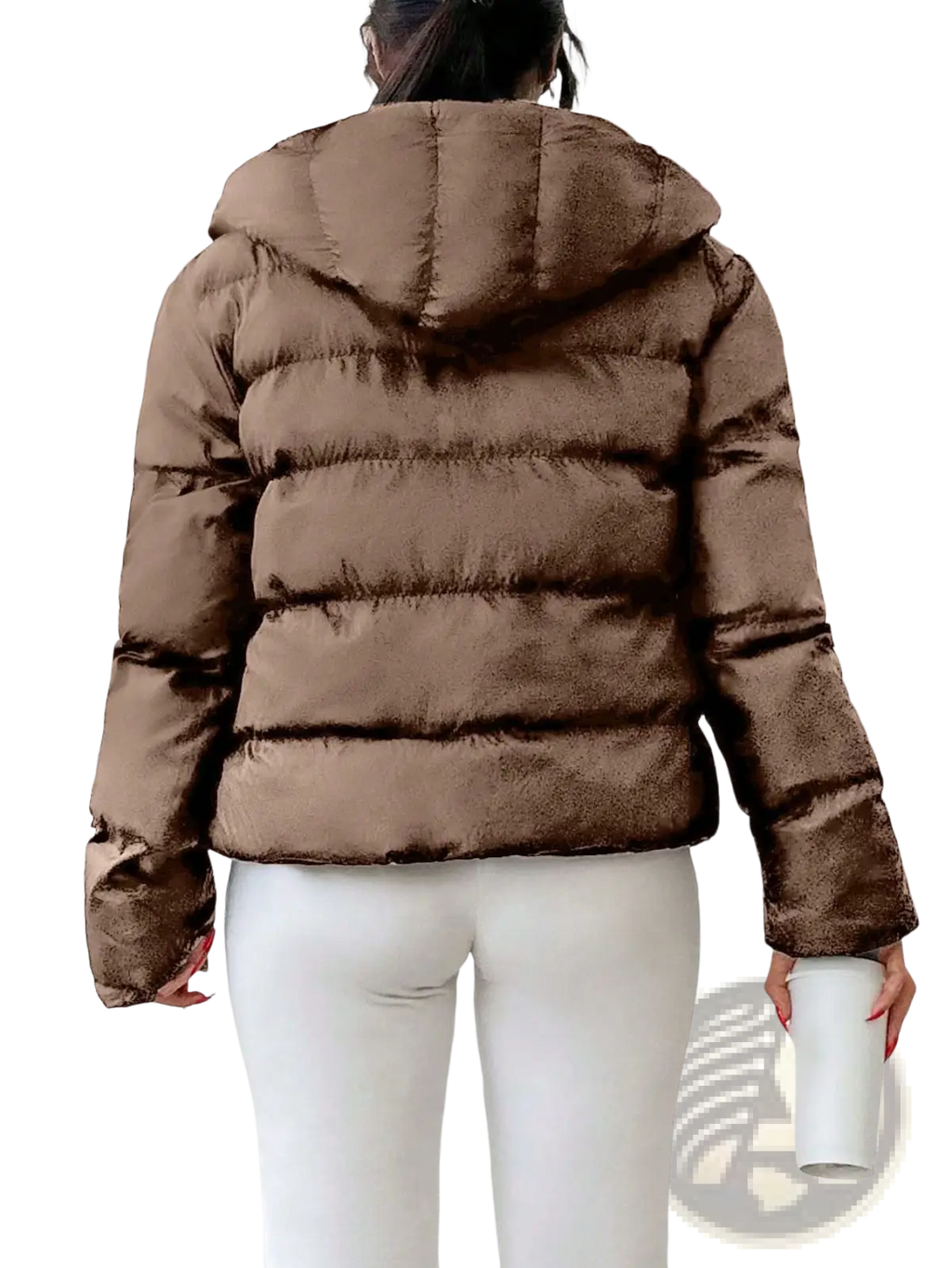 Women’s hooded puffer jacket in brown faux fur with horizontal stitching and a warm insulated design