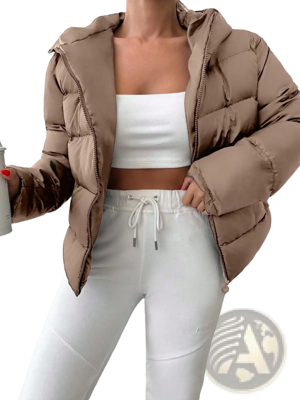 Women’s hooded puffer jacket in beige with quilted design and matching zipper accents for cozy warmth