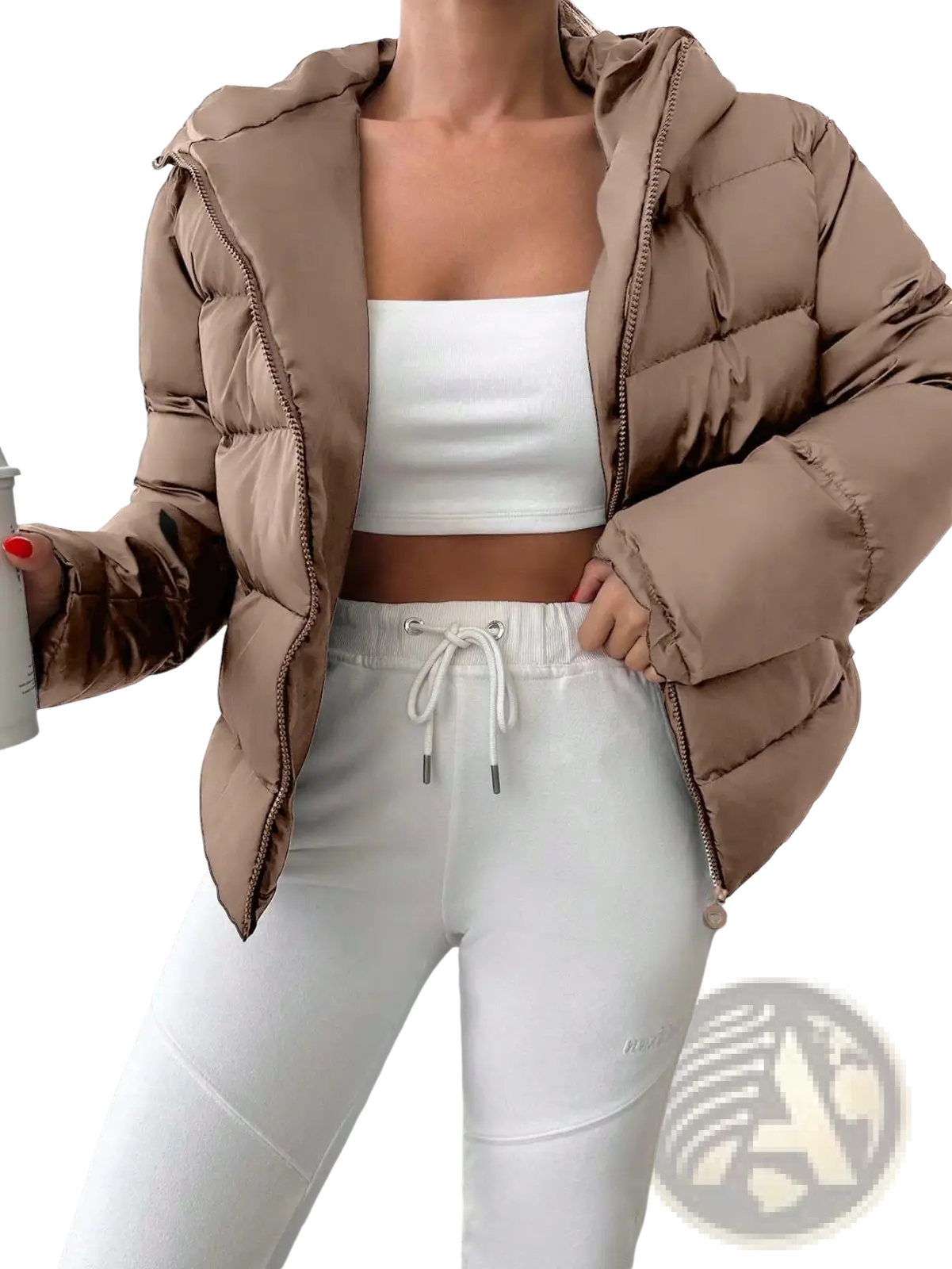 Women’s hooded puffer jacket in beige with quilted design and matching zipper accents for cozy warmth