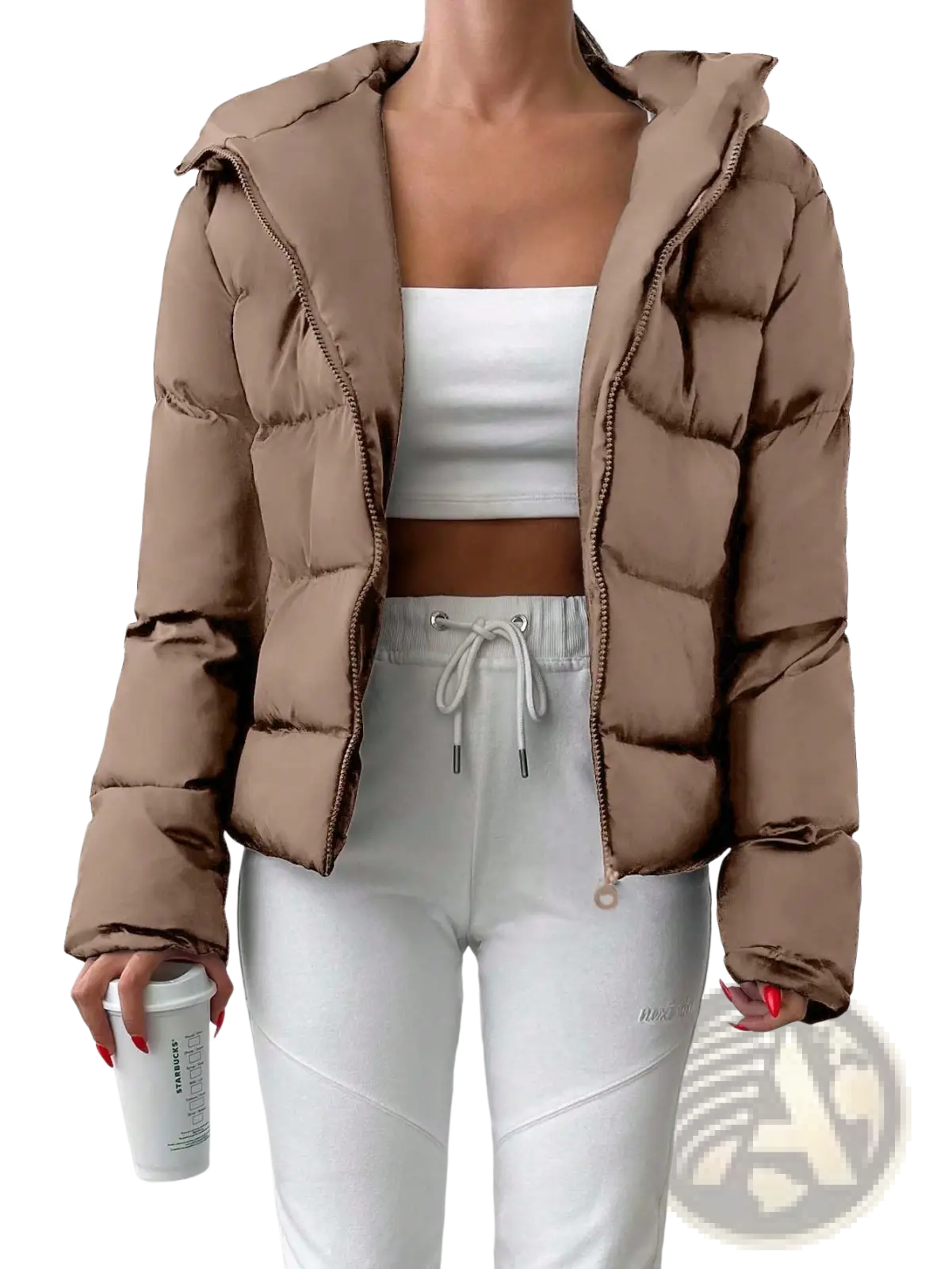 Women’s hooded puffer jacket in camel color with quilted design and zipper closure for cozy warmth