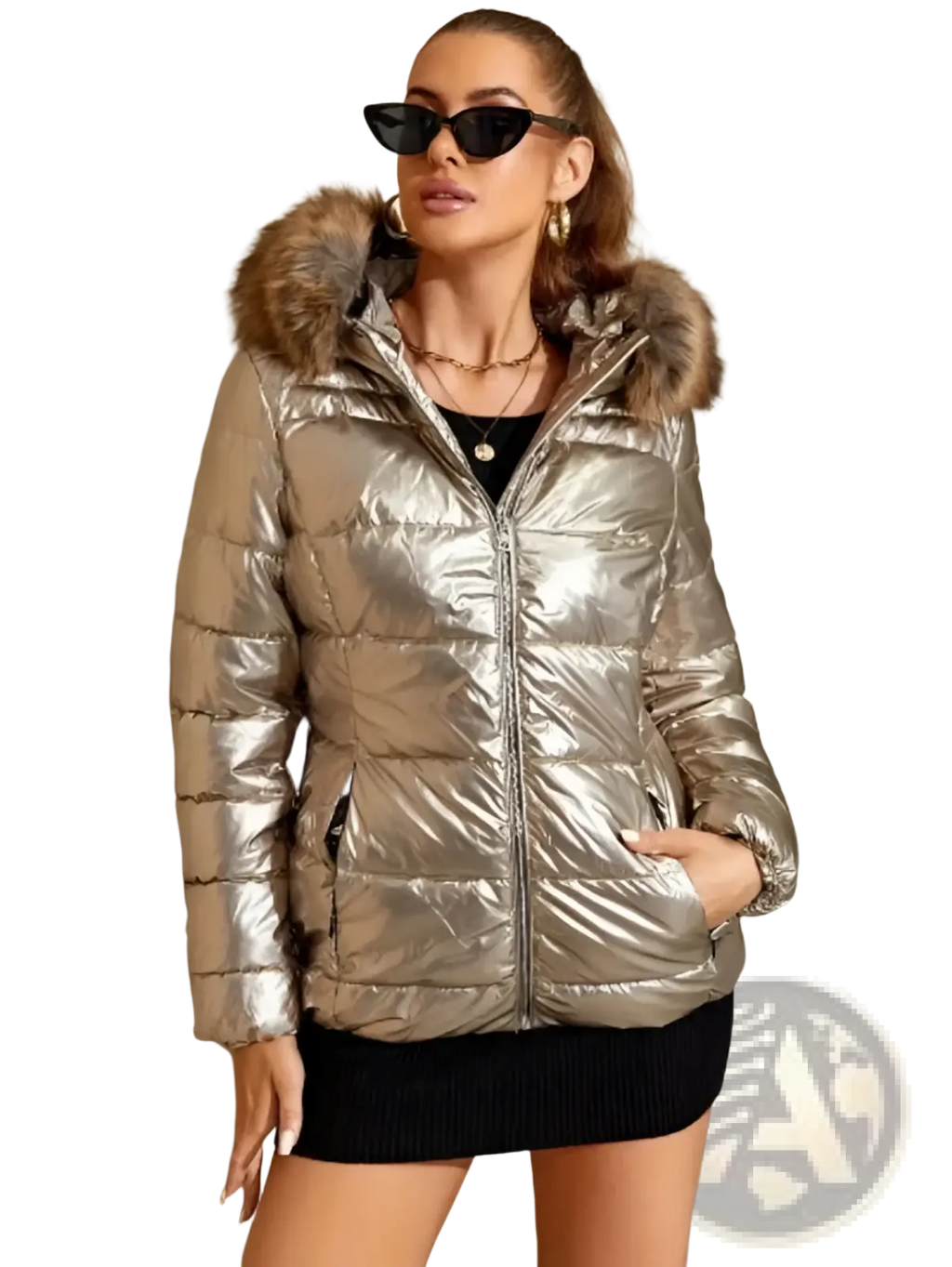 Shiny metallic silver women’s hooded puffer jacket with faux fur-lined hood and insulated warmth