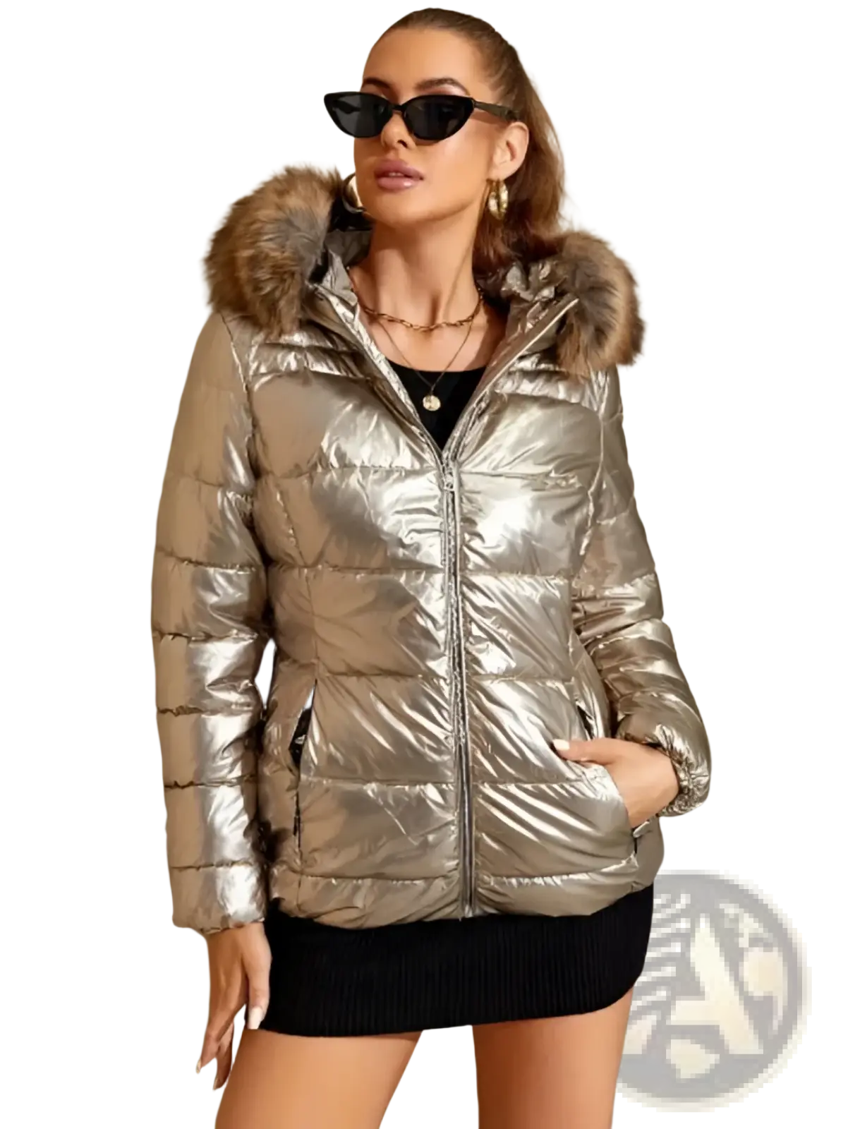 Shiny metallic silver women’s hooded puffer jacket with faux fur-lined hood and insulated warmth