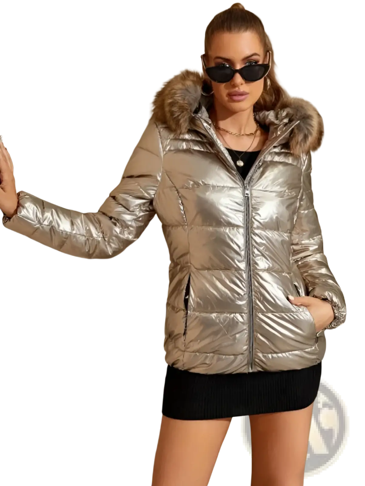 Shiny metallic silver women’s hooded puffer jacket with fur-lined hood featuring insulated material for warmth