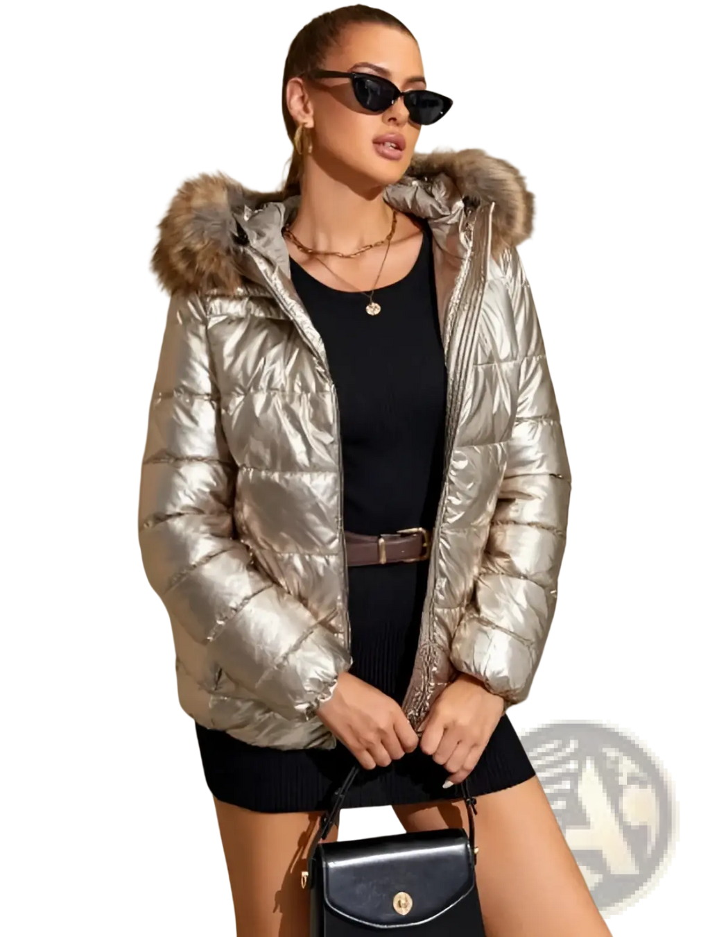 Shiny metallic silver women’s hooded puffer jacket with fur-lined hood made of insulated material for cold weather