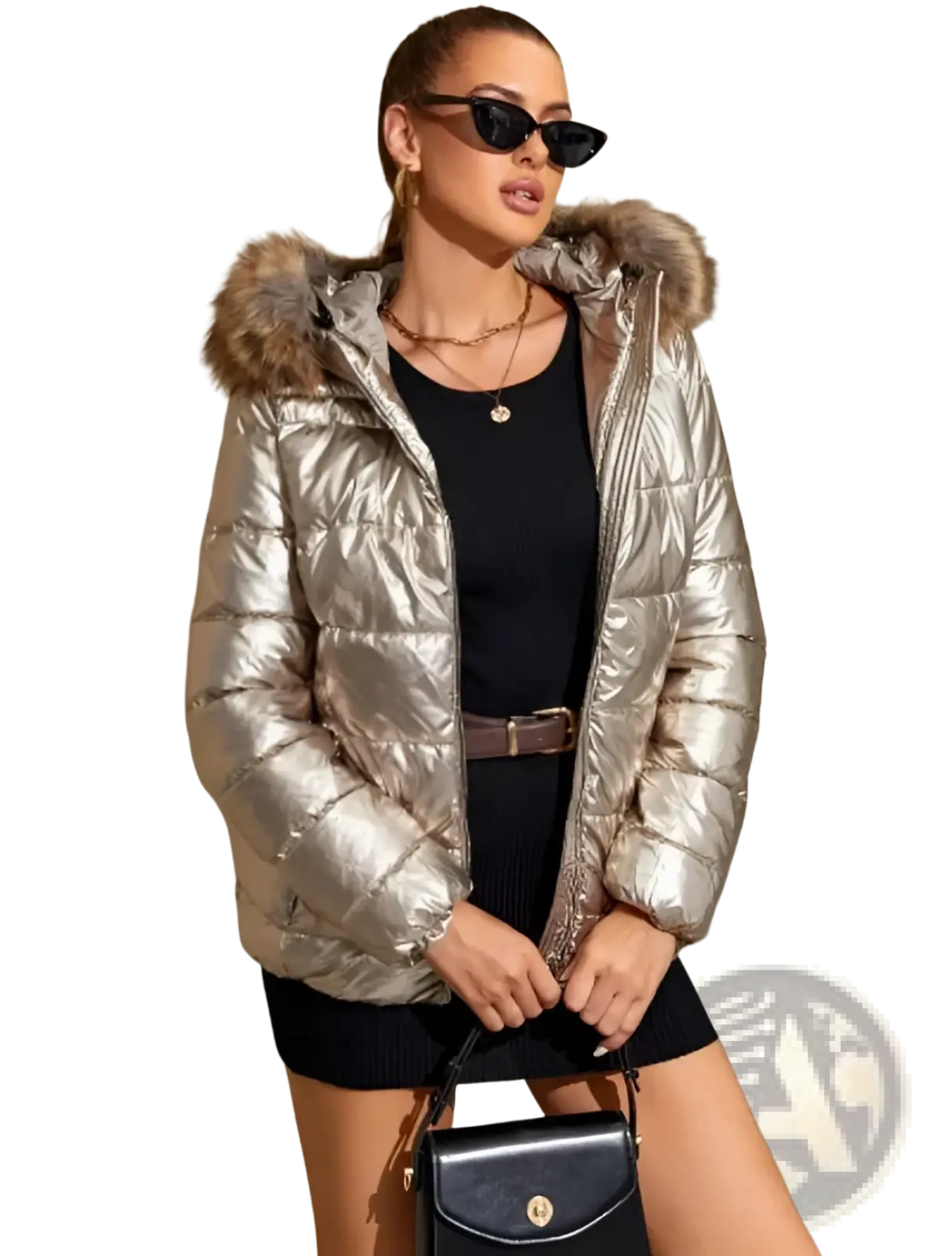 Shiny metallic silver women’s hooded puffer jacket with fur-lined hood made of insulated material for cold weather